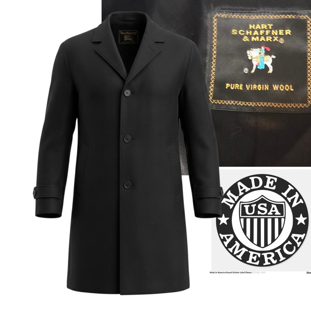 Hart Schaffner Marx Overcoat Men 46R Black Pure Virgin Wool Car Coat USA Made